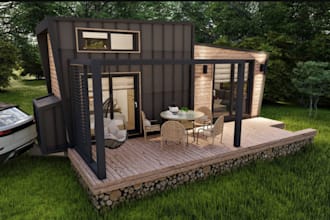 redesign 3d tiny old house,cabin,facade with front elevation realistic d5 render
