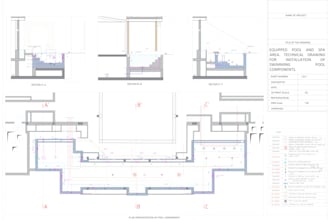 draw swimming pool and its functional components in 2d cad and 3d modeling