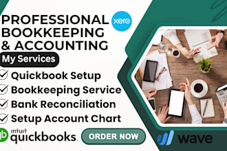 do monthly bookkeeping, setup chart of account using wave, xero, quickbooks