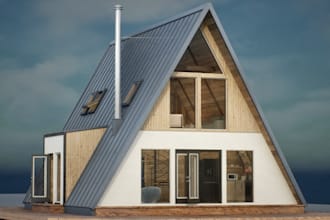redesign 3d modular frame house, barn exterior,wood cabin,rustic interior render