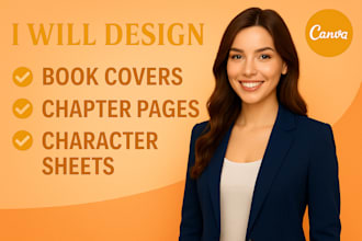 book covers design, chapter pages, character sheets in canva