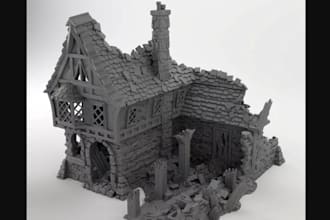 custom 3d printable medieval terrain,fantasy village,castle, ruins, trpg scenery