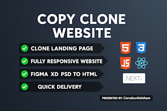 clone or copy any website or landing page using HTML CSS js react