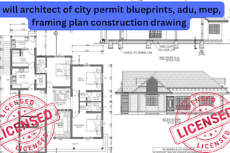 architect of city permit blueprints, adu, mep, framing plan construction drawing