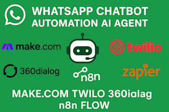 build whatsapp chatbot automation ai agent make com twilo 360dialog n8n flow