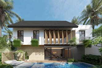 3d villa bali exterior,pool design,landscape render, villa design, facade render