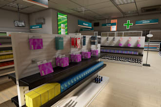 best 3d retail shop interior, pharmacy store design, lab space, medical store