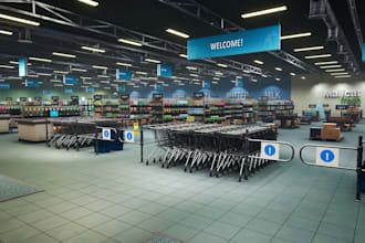 real 3d retail shop interior, supermarket, grocery storefront, shop mall render
