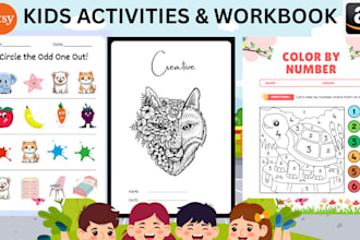kids activity books, worksheets, adult coloring pages, book cover for amazon kdp