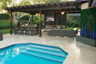 design exterior landscape, garden, backyard, patio terrace, BBQ and pool