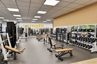 3d model and render a photorealistic gym design, fitness center interior space