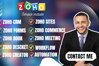 setup zoho CRM, zoho books, zoho forms, zoho sites, zoho desk, zoho campaign