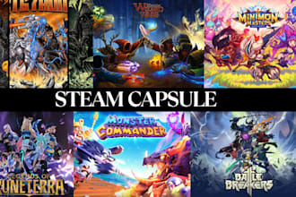 draw steam capsule, concept art, character design, 2d game ui, marketing banner
