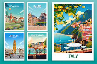 draw custom buildings, houses, vector art, and vintage posters