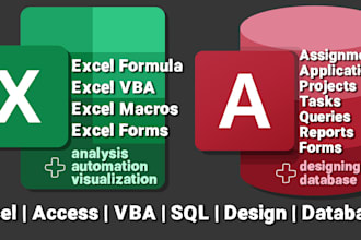 do formula, macros, forms, queries, reports, database using ms excel and access