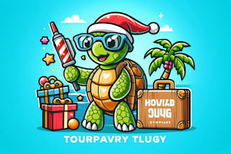 design a playful and tropical beach turtle holiday mascot logo for your brand