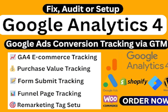 fix, audit or setup google analytics4, ga4  ecommerce conversion tracking by GTM