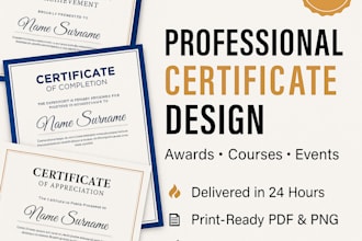 design certificates for awards, courses and events  with 24hr delivery