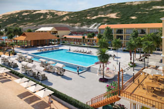 create realistic 3d hotel resort pool and outdoor landscape renders