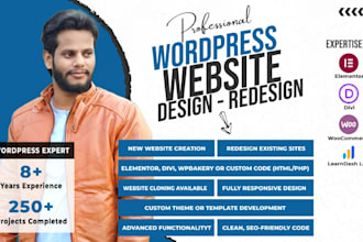 design, redesign, revamp or clone your wordpress website with elementor or divi
