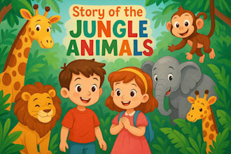 illustrate jungle storybook pages with cute animals and kids