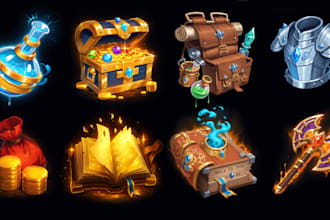 create high quality 2d game asset pack props, icons, items