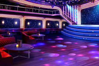 do realistic 3d lounge bar interior an exterior design, nightclub