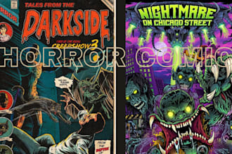 create scary vintage horror comic art, 70s 80s retro creepy poster or character