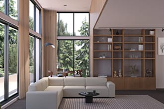 renovate homes interior, glass house design,3d forest building, furniture render