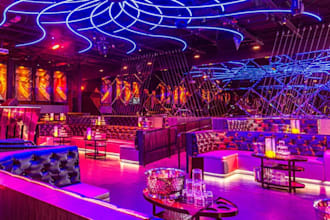 do realistic 3d lounge bar interior an exterior design, nightclub