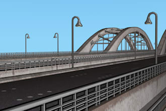 3d cgi bridge and road rendering, construction with water control