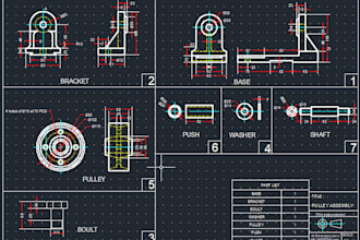design 2d technical machine drawings, parts with annotations