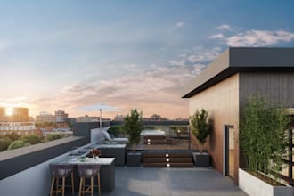 render 3d rooftop terrace,front,backyard design,roofdeck seating,relaxation area