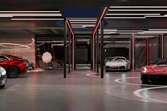 retouch 3d luxury car showroom interior, car park, skp rendering, cgi modelling