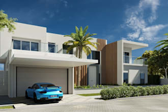 remodel house exterior, villa facade render,backyard landscape,green lawn design