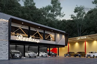 3d cgi fuel station design, carwash, car care center, mini supermarket design