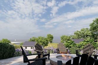 render 3d landscape garden design, exterior, patio, pavilion, pergola, gazebo