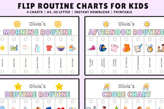 create canva kids morning routine chart, bedtime planner, daily, kids worksheet