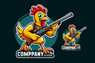 create chicken hunter mascot logo design for your business in 12 hours