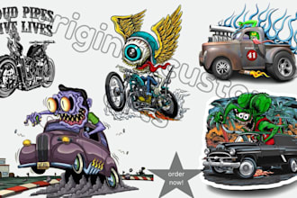 monster vehicle cartoon hot rod art rat fink lowbrow vector t shirt merch design