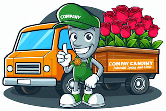 design flower truck cartoon and character mascot logo with express delivery