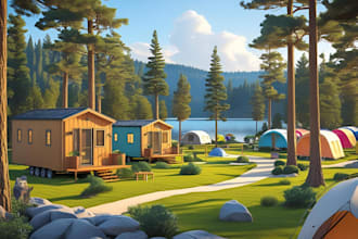 create rendering of rv park, tiny house community, campground, storage facility