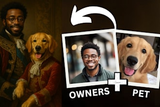 create a royal portrait of you and your pet in classic painting style