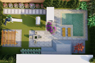 render backyard landscape design, garden fireplace, pergola pool, verandas space