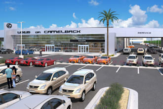 redesign 3d car deport,landscape,parking exterior,warehouse dealership,8k render