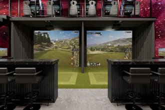 remodel 3d golf simulator setup,motor club lounge,virtual golf course,sports bar