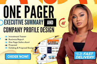 design one pager teaser, flyer executive summary, sales sheet, investment teaser