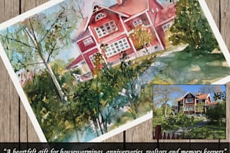 create a handmade watercolor house portrait or building sketch from photo