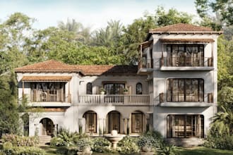 3d residential space,exterior design,facade render, patio building,condo,loggia