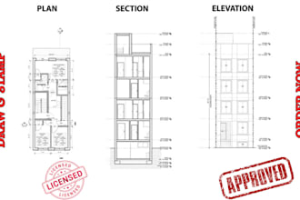 draw and stamp elevation, floor plan, section, architectural plan in autocad